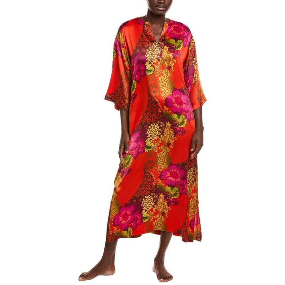 N Natori Womens Harvest Printed Satin Slim Caftan, Orange